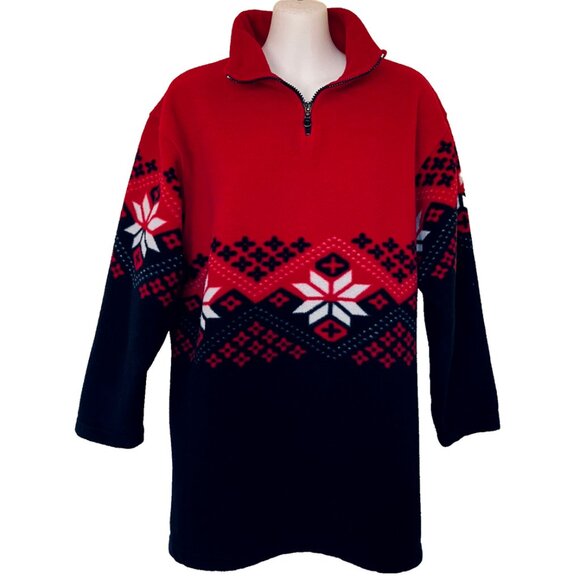 Print Fleece Pullover Sweater Zip Neck Vintage 90s Red/Black Snowflake Oversized - Picture 2 of 4
